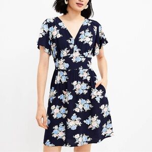 NWT LOFT Navy Blue Floral Flutter V-Neck Mini Pocket Dress